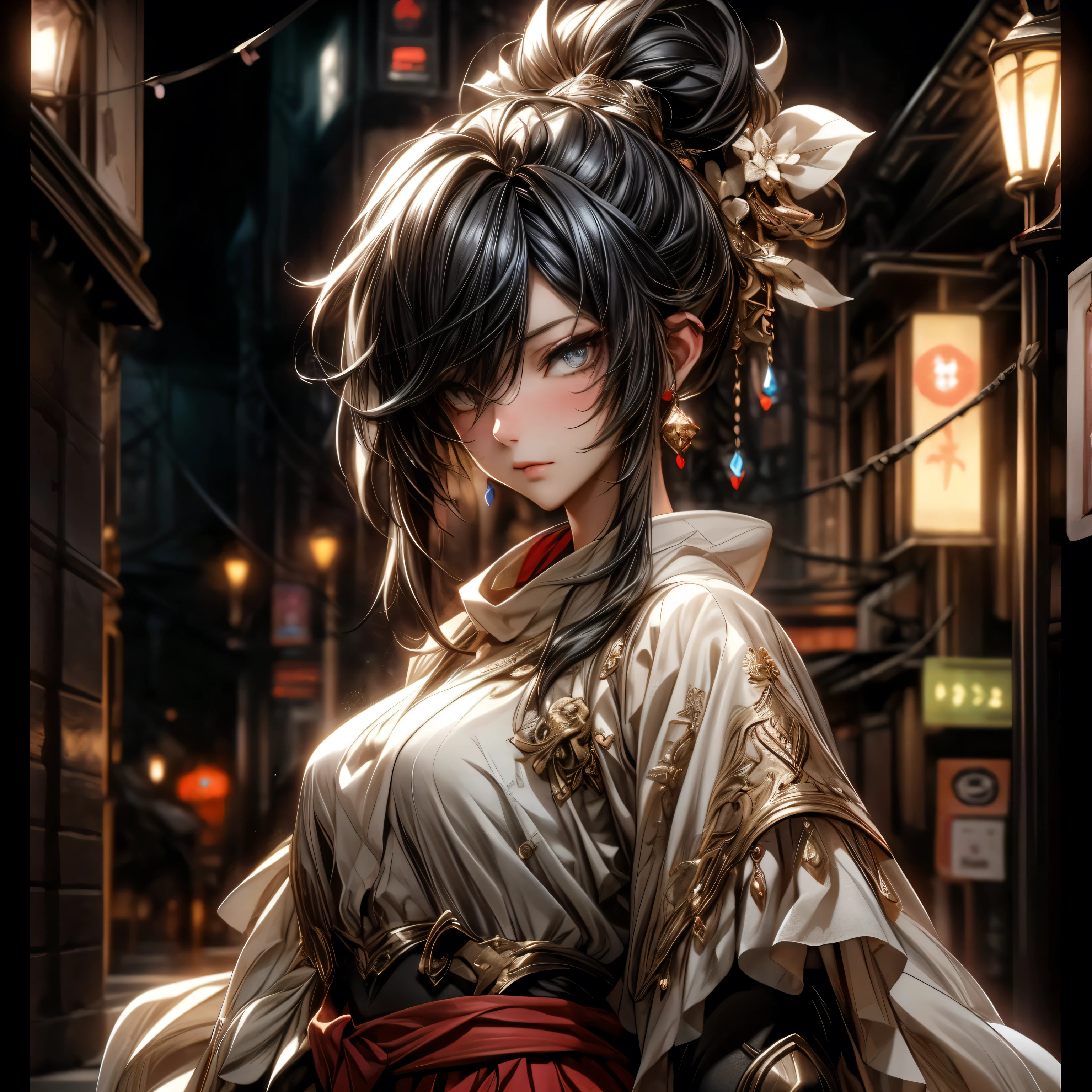 (best quality)), ((Masterpiece)), (details:1.4), 3d, HDR (high dynamic range), an image of a beautiful cyberpunk female, Cyberpunk, medieval, Black hair, High ponytail, Full body, Beautiful white eyes, จมูกโด่ง, ปากแดง, หน้าอกใหญ่, nvidia RTX, PBR surface, After processing, Anisotropic filtration,depth of field, Maximum clarity and clarity, multi-layered surface, Subsurface scattering, perfect proportions, 8K raw files, ultra detailed, Perfect proportions, volumetric lighting, soft lighting, Holy Paldin, Heavy Silver Armor, Golden dress, glossy skin, intricate Silver embroidery, Castle background, jewely, ต่างหู, นิ้วมือสมบูรณ์, mini Red skirt,