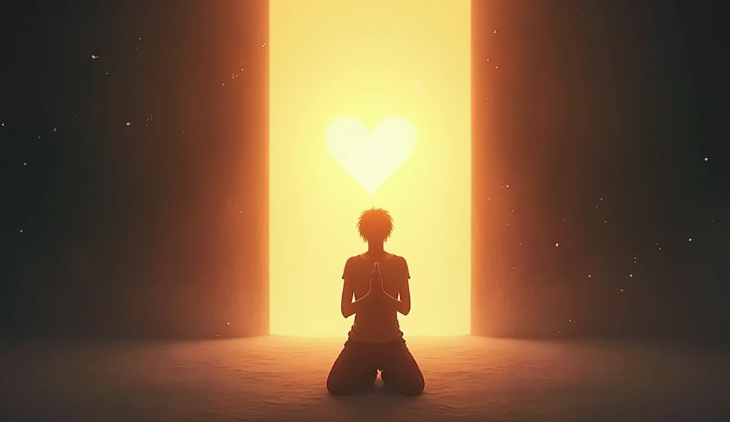 "A person kneeling in prayer under a bright light, with their heart visibly glowing, representing a plea for divine examination, ar 16:9"