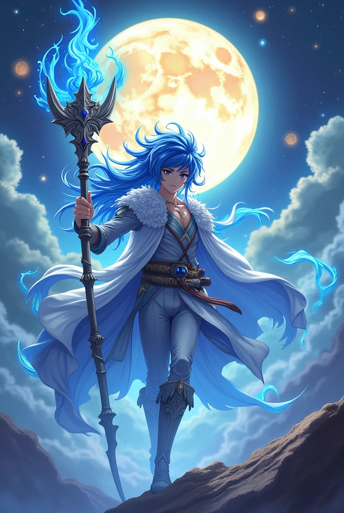 Dinamic long blue white hair boy in hand dinamic stick 7th world king backside 7 sun and moon earth etc image long dinamic black hair man full image hd 8k image