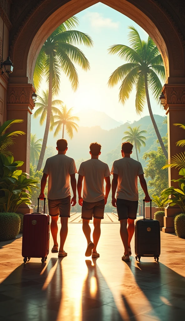 **Arrival in Thailand**:
- A picturesque view of a Thai airport with lush greenery and tropical scenery in the background. The friends are seen arriving with excitement and anticipation.
Three male friend