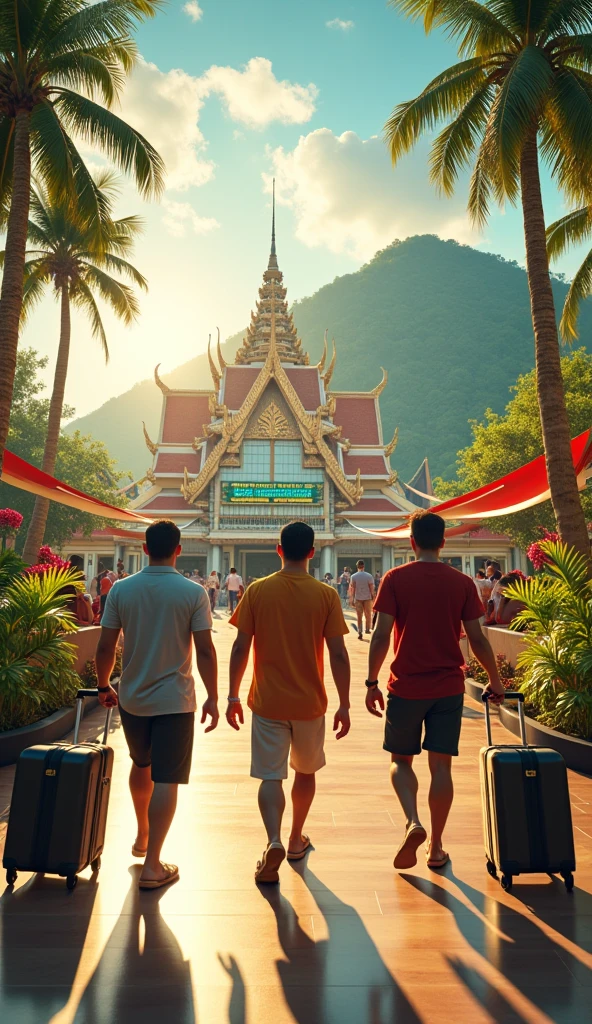  **Arrival in Thailand**: 
   - A picturesque view of a Thai airport with lush greenery and tropical scenery in the background. The friends are seen arriving with excitement and anticipation.
Three male friend