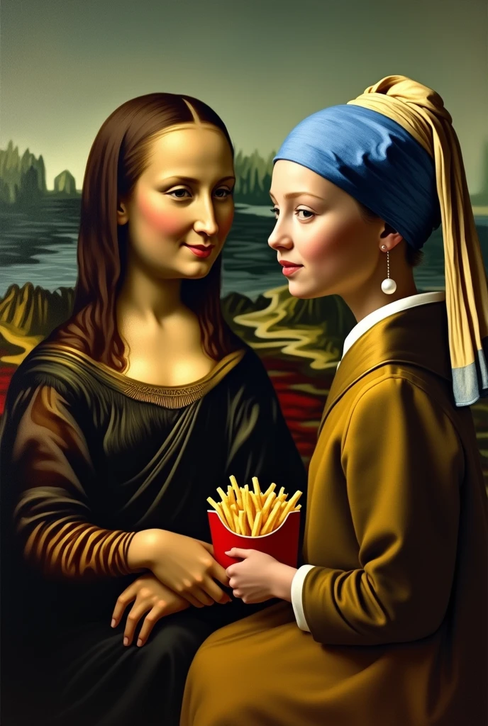 The Mona Lisa and the Girl with a Pearl Earring are happily eating McDonald&#39;s fries face to face。