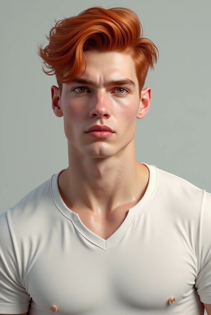 A handsome Caucasian man, redhead with white skin and coppery red hair, athletic body, wearing a set of white clothes, with a slightly youthful face