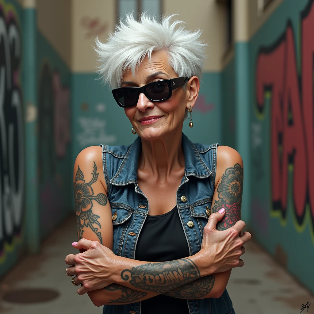 タトゥーを見せびらかすイケイケ婆さん: "A detailed and lifelike image of an elderly woman with short, spiky white hair, wearing dark sunglasses and rolling up her sleeve to proudly show off a tattoo on her arm. She’s dressed in a sleeveless denim vest with a confident, rebellious expression. The background is a gritty urban setting with graffiti-covered walls, enhancing her bold and edgy look."