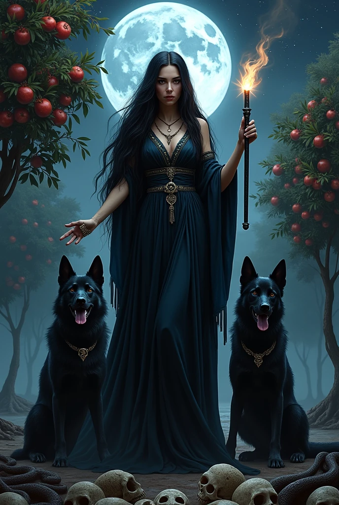 Goddess Hekate with black hair and black clothes in a night landscape, with two black dogs sitting, One on Each Side, a triluna in the sky, fruit trees, full of pomegranates in the background, holding a torch in one hand and a black key in the other. Many Skulls and snakes at your feet.
