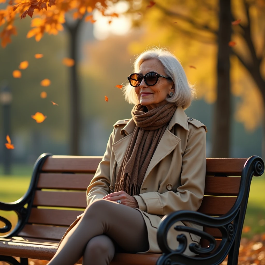 リラックスしてベンチに座るイケイケ婆さん: "Illustrate a realistic image of an elderly woman with a stylish bob haircut, wearing oversized sunglasses and sitting casually on a park bench with one leg crossed over the other. She’s dressed in a fashionable trench coat and scarf, exuding sophistication and ease. The background is a peaceful park with autumn leaves and a serene atmosphere, capturing a moment of quiet reflection."