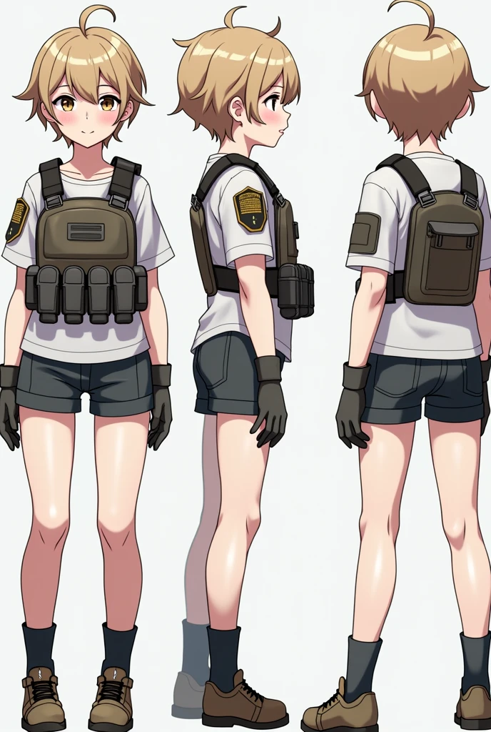 standing boy, cute, 1 Boy, , 4 sided design, Diagonals, obverse, back side, profile, Head to body ratio 5, character sheet, whole body, simple background, 4 perspectives, Short men's hair, tactical gear, bulletproof vest, Good quality, high detail, Puppy Veterinarian, bulletproof vest, Good quality, high detail, 매우 Detailed, masterpiece, best quality, Aesthetic, Detailed, pretty appearance,soldier,Combat Uniform