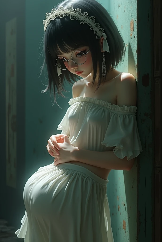 Drooping eyes, Eye size, Pleated Skirt, (((Round Face, blush))), Ribbon, Thin and transparent, (((Holding one's own butt))), (Fashion glasses, Weaving), (A dimly lit old storage room), Lean forward,