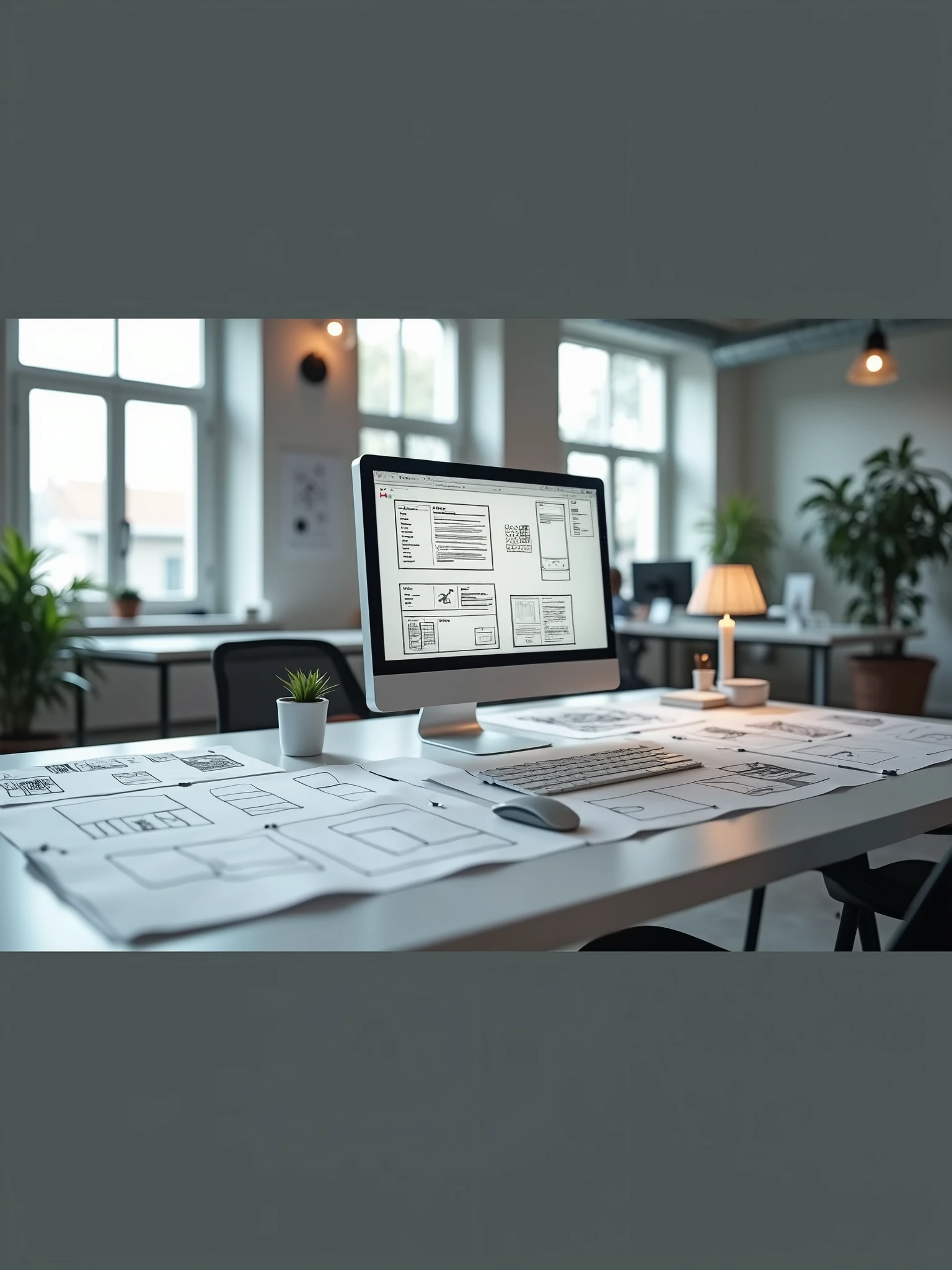 A table with wireframe sketches of screens by a UXer Designer and a computer with a prototype being made on the screen. Do not place people in the image. High resolution image, 4k. Wide screen format 16:9. extreme detail ::  