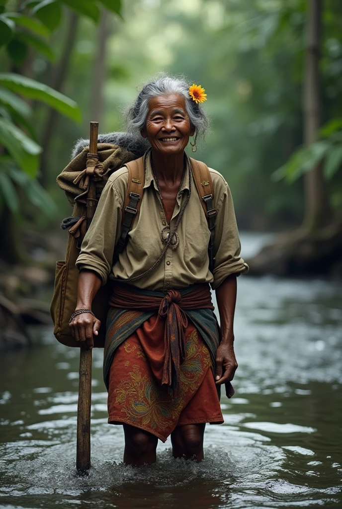 Photorealism 1.4 realistic realism high detailed definition  Malaysia native aboriginal orang asli old women curly messy hair  crossing river river stream dark skin weaver backpack smile faces jungle big river wearing loose shirt accessories on hair flower wearing batik sarong hold stick   river stream