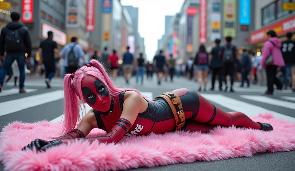 ((Highest quality)), ((masterpiece)), (photograph), ((Japanese women)), ((Deadpool costume and mask)), (((On his chest, he has the word &quot;mu mi&quot; written in white letters.))), Deadpool woman with pink hair and twin tails, Lying on a fluffy pink bath mat at Tokyo&#39;s Scramble Crossing, Surrounded by passers-by, (from side), ((sexy pose)), 