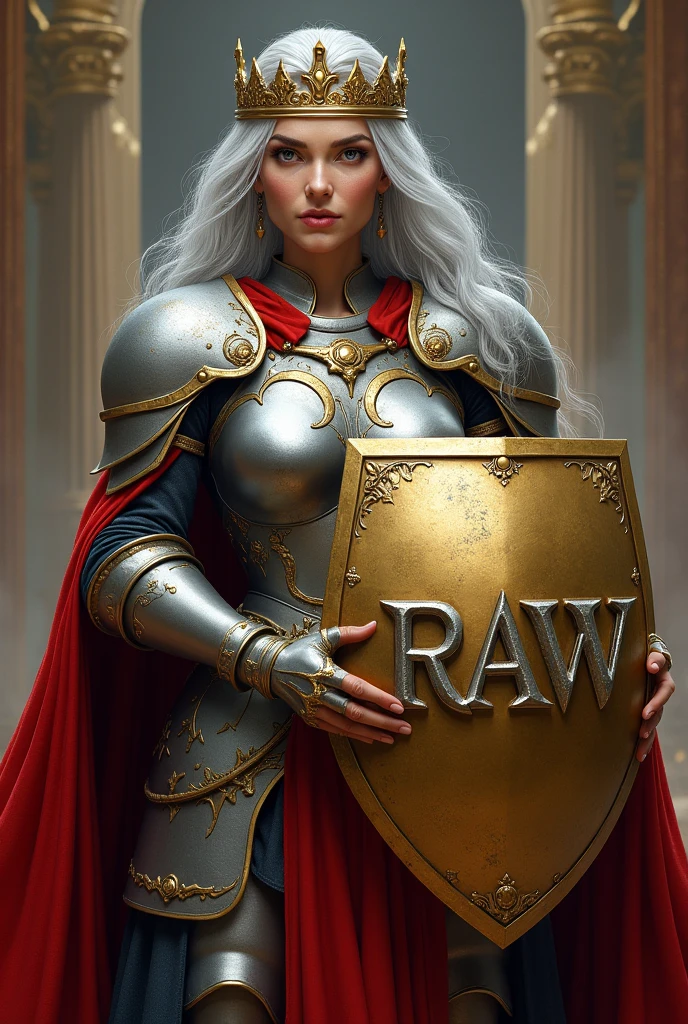 Old woman with long gray hair in silver armor with a golden shield that says RAW on the front and a red cape with a crown on her head with a RAW shield in defense formation