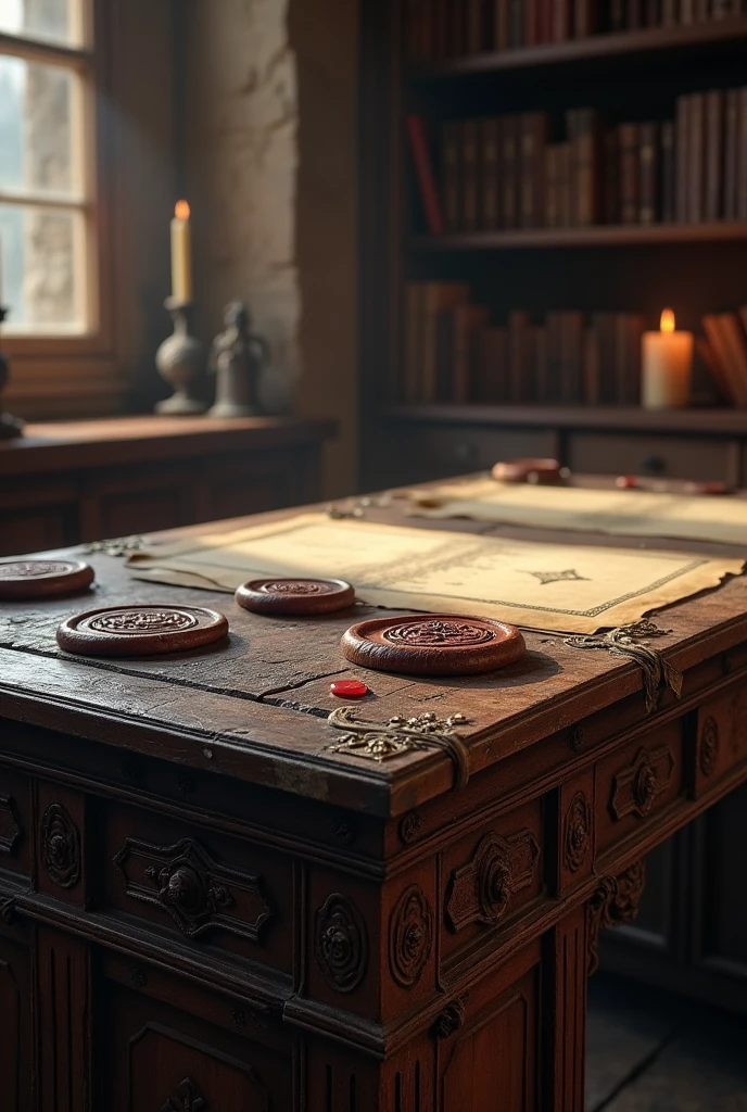make an old medieval desk 3 seals on the table