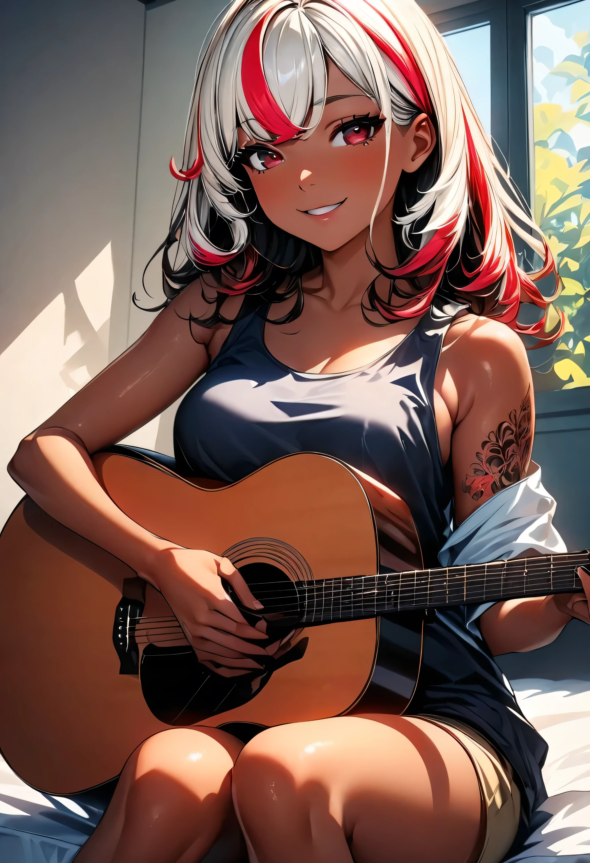 (highest quality:1.2, Very detailed, up to date, Vibrant, Ultra-high resolution, High Contrast, masterpiece:1.2, highest quality, Best aesthetics), Portraiture、girl、singer, solo, ((25-years-old:1)), Bright colors, Beautiful fine details、Beautiful lip detail、medium wave hair、red and white ((streaked hair:1.6)), highlights hair: 1.5, red eyes, slim body, medium breast, (tan skin:1.1), (Floral Fineline tattoo design on left arm:1), tank top, shorts, sitting on bed, bright her room, huge windows, singing, playing acoustic guitar, smile, (upper body:1)