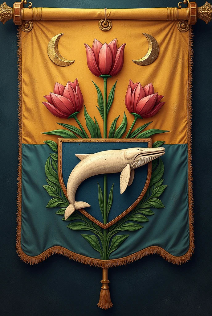 Flag and shield containing a moon, a tulip and a whale