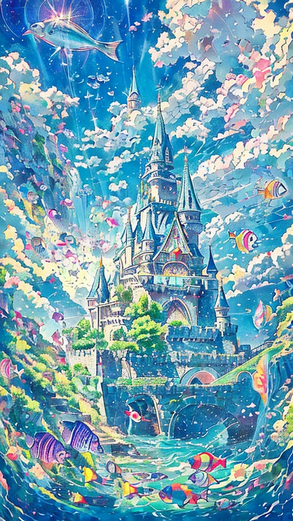 Illustrations drawn with colored pencils、Soft and gentle touch、A large school of colorful small fish、fly in the sky、Floating Castle