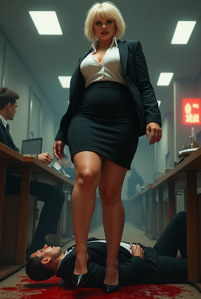 50 years old, A woman with short blonde haire, square cut Real women, she has an hourglass figure, she has a surreal, hentai-like physique, with exaggerated curves that showcase large buttocks and voluminous breasts, she is verry slim
Outfit:
Jacket: Smart suit, black color.
Top: White silk blouse.
Bottom: Fitted pencil skirt.
Shoes: Black stiletto heels.
Context: Modern office, bloody, dramatic atmosphere.
Action: She steps on a man, provoking a shocking reaction.
Splatter: Blood splatters on her skirt and shoes, creating a striking contrast with her neat outfit.
Expression: Intense anger, frowning eyebrows, furious stare, clenched jaw.
Atmosphere: The atmosphere is charged with tension, with dark colors and shadows accentuating the bloodiness of the scene, making the moment both shocking and memorable.