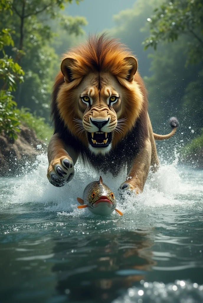 The lion is attacking on the fish and fish is a in the river