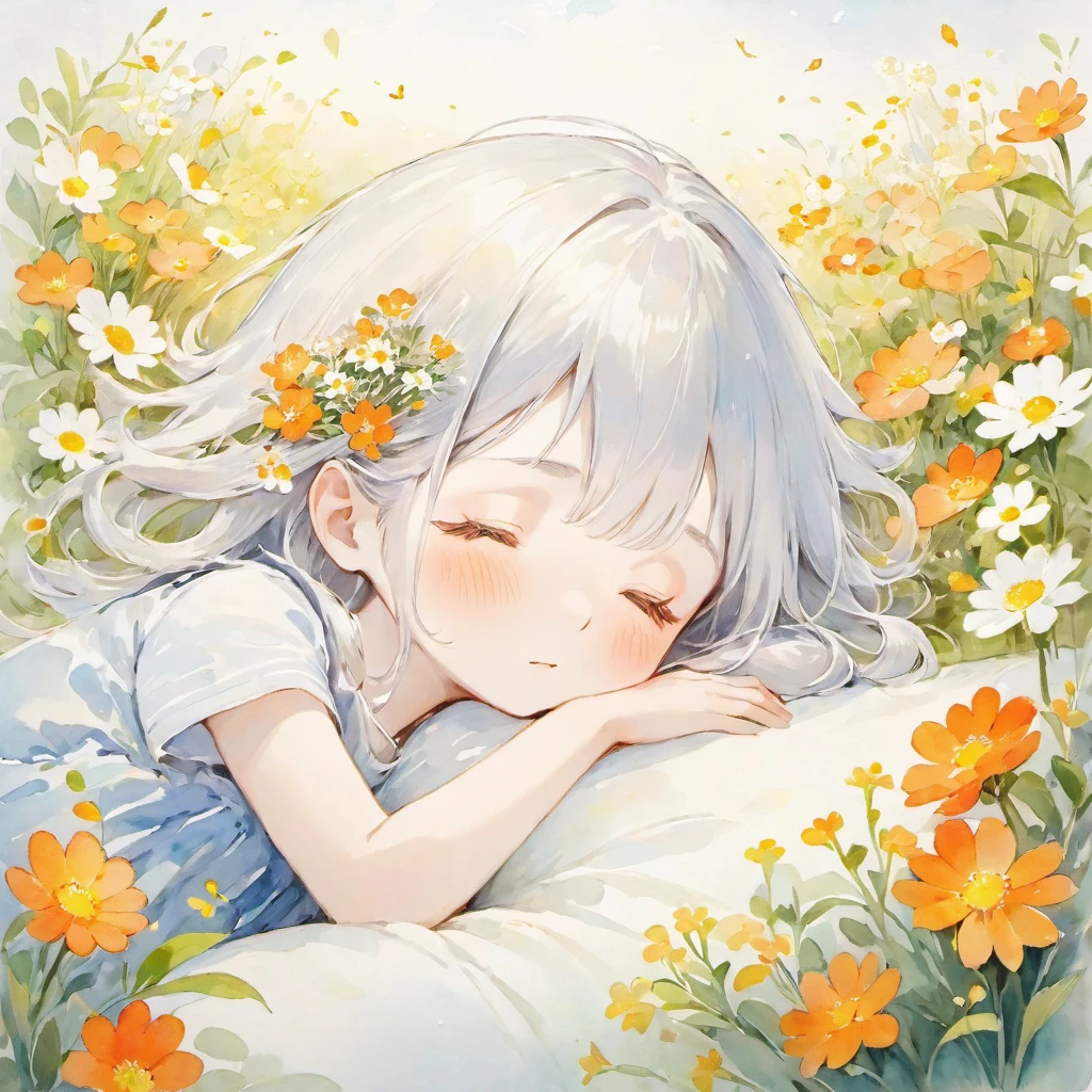 雨が静かに降っている、Silver Hair、Sleep on a futon、Earth、Illustration of a shy and sleepy girl, Completely white image, Very soft color, watercolor, Flowers, Hannah Dale,Lots of little orange flowers blooming