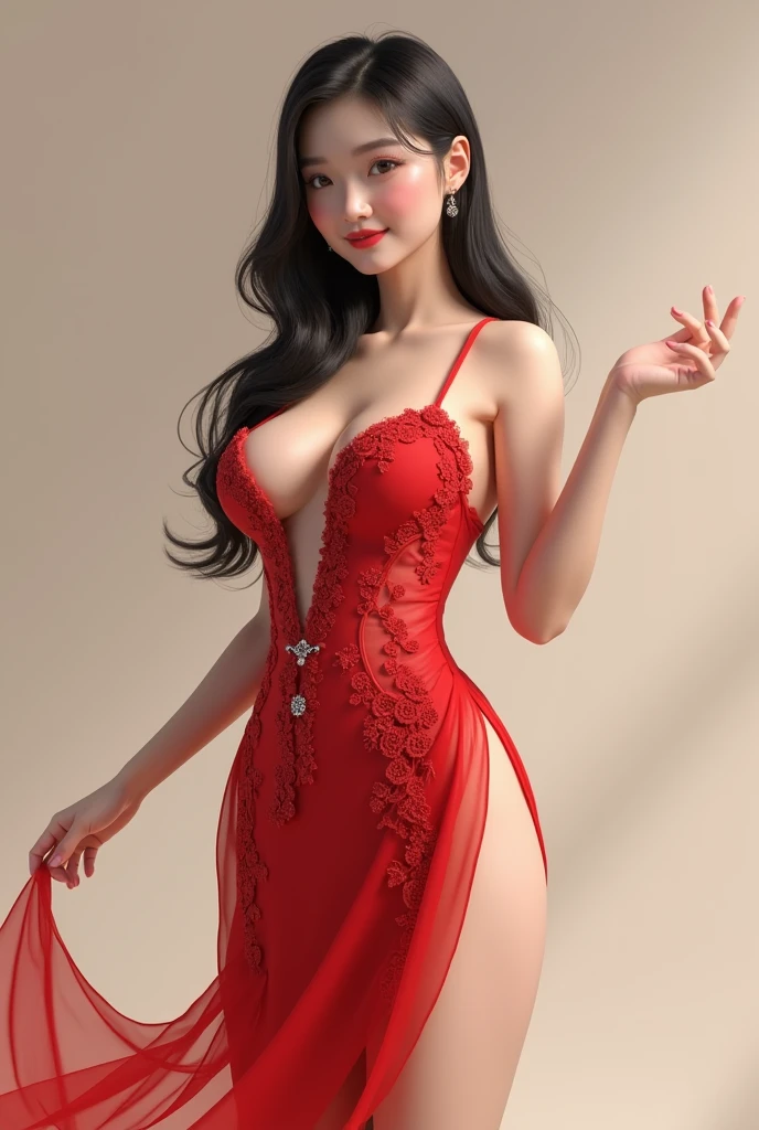 create beautiful Chinese 3D girl wearing attractive red color hot traditional string dress, exposing inner skin of big chest and big hip and pointing finger to side to explain, smiling face with standing portrait full body