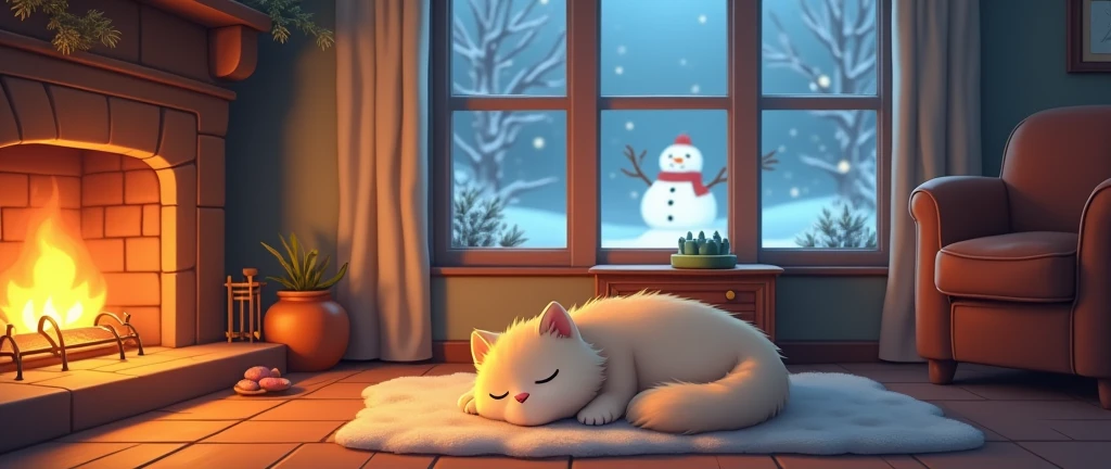 A cat sleeps by the fireplace in a warm home, Cozy, Anime ,Lofi ,Ultrawide , Studio Ghibli Inspired ,vibes ,Wide view ,Outside the window there is a snowman.