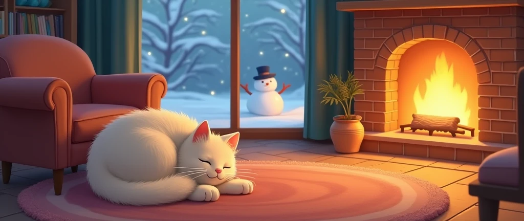 A cat sleeps by the fireplace in a warm home, Cozy, Anime ,Lofi ,Ultrawide , Studio Ghibli Inspired ,vibes ,Wide view ,Outside the window there is a snowman.