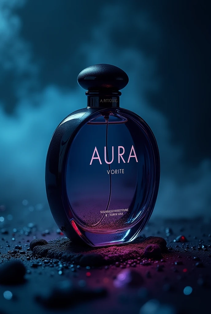 Perfume bottle with dark tones color but not black with brand name "Aura"