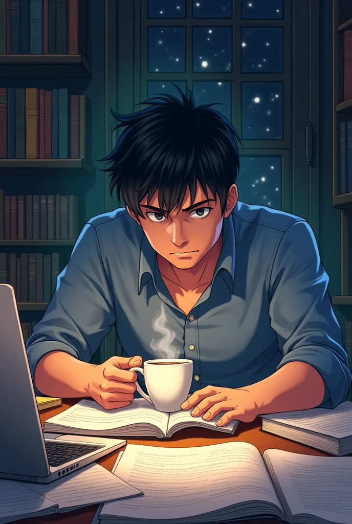 Create an anime of a man studying for a contest and drinking coffee, focused on your approval 
