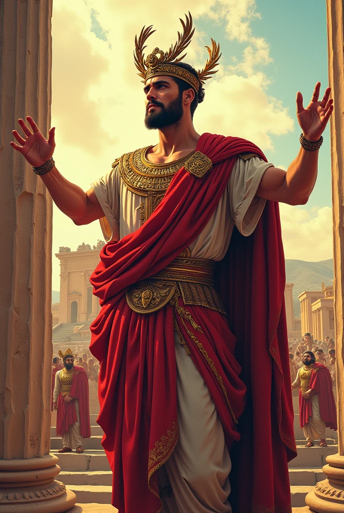 in ancient Rome, Emperor Augustus victorious, he was magnificent, with crown of branches, image in comic book drawing