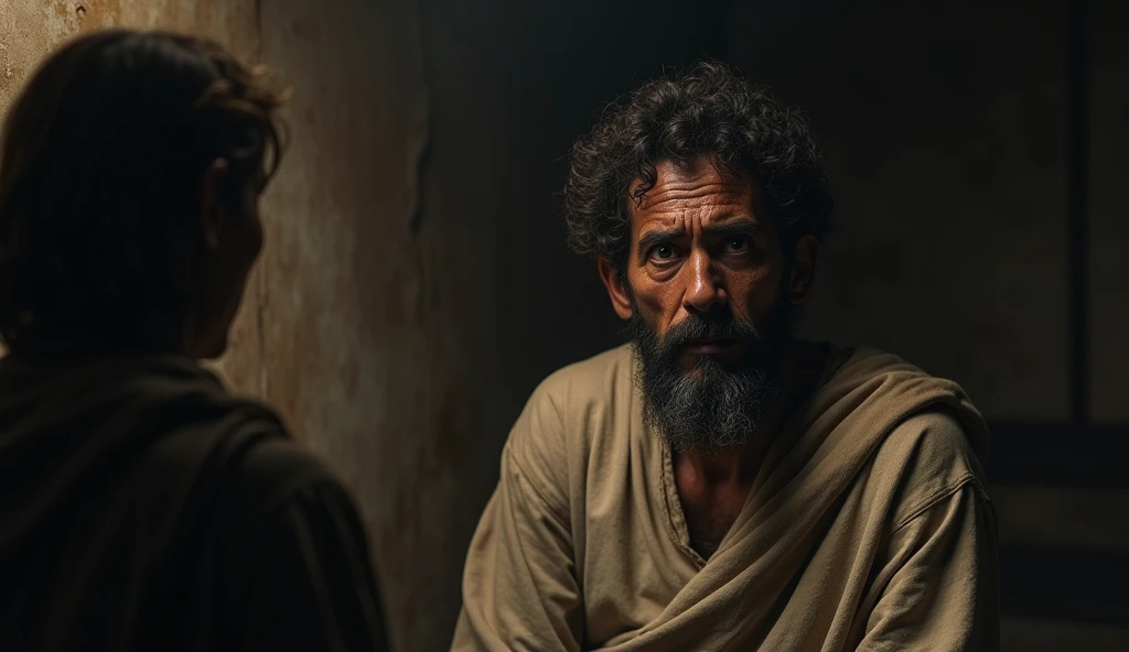 A tense, emotionally charged scene focused on a man deeply marked by guilt and despair, his eyes reflecting an infinite sadness. The man's face is marked by pain, conveying the heavy burden he carries. He is alone in a dimly lit room, with shadows emphasizing his inner turmoil. In the foreground, another figure watches him from a distance, with a mixture of compassion, fear, and curiosity evident in his expression. The viewer can feel the palpable tension as he struggles to understand the man behind the tragedy. The scene evokes questions about what led Cain to commit such an act and uncertainty about what he might do next, with the atmosphere filled with foreboding and emotional complexity, the man being dressed in clothes from biblical times.