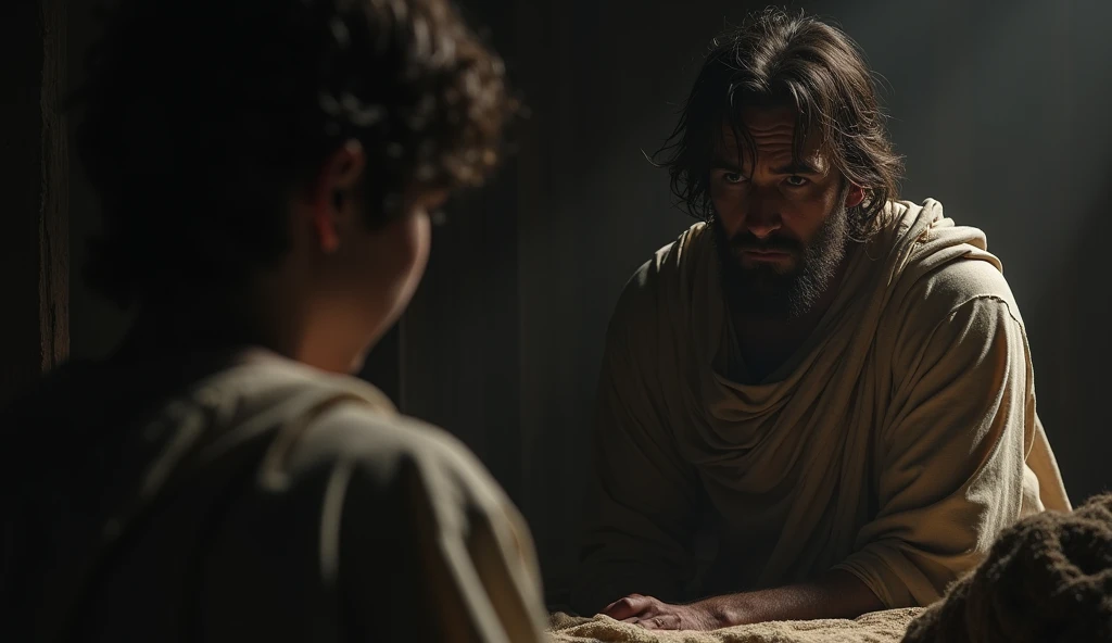 A tense, emotionally charged scene focused on a man deeply marked by guilt and despair, his eyes reflecting an infinite sadness. The man's face is marked by pain, conveying the heavy burden he carries. He is alone in a dimly lit room, with shadows emphasizing his inner turmoil. In the foreground, another figure watches him from a distance, with a mixture of compassion, fear, and curiosity evident in his expression. The viewer can feel the palpable tension as he struggles to understand the man behind the tragedy. The scene evokes questions about what led Cain to commit such an act and uncertainty about what he might do next, with the atmosphere filled with foreboding and emotional complexity, the man being dressed in clothes from biblical times.