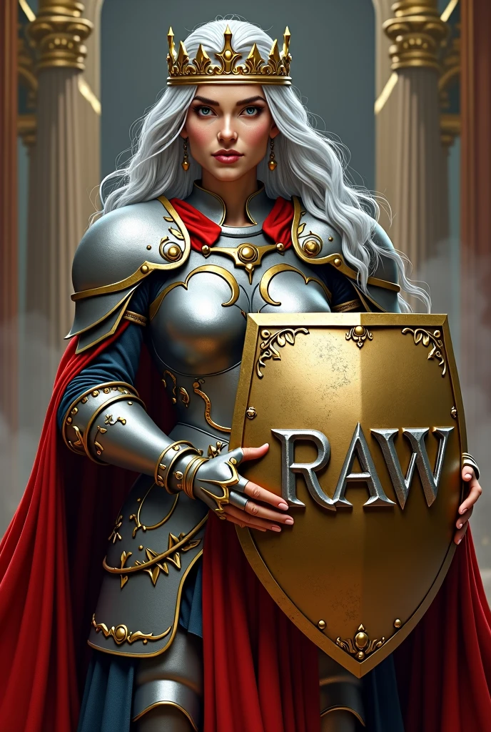 Old woman with long gray hair in silver armor with a golden shield that says RAW on the front and a red cape with a crown on her head with a RAW shield in defense formation