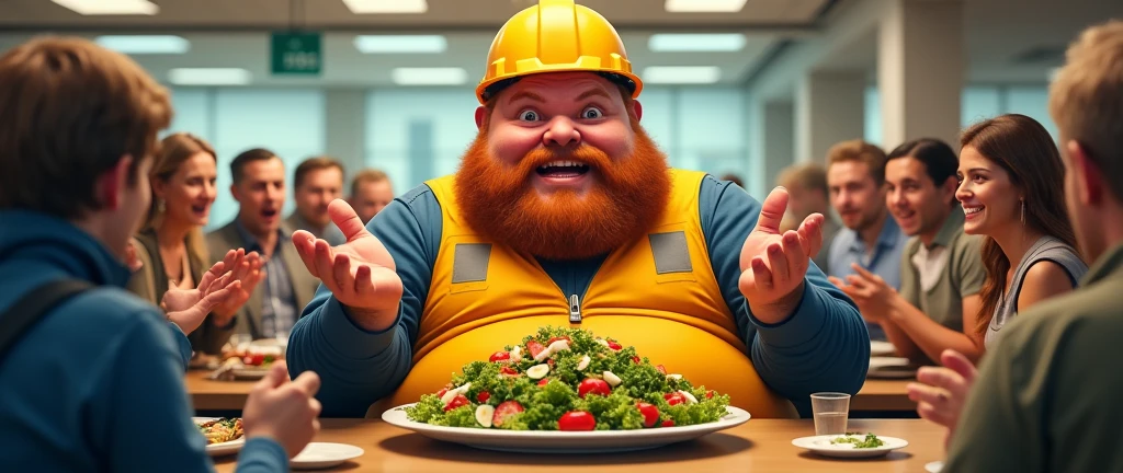 a very fat man, with construction helmet, he is sitting in a cafeteria with a very large plate of salad, he's wide-eyed, he has a medium red beard, (he has his hands open with the palm facing up making the shrug expression:2.0), (shrug:2.0), he is red with shame, people are applauding him, open-mouthed people, realisitic, epic scene, ultra detaild, detailed ambient,