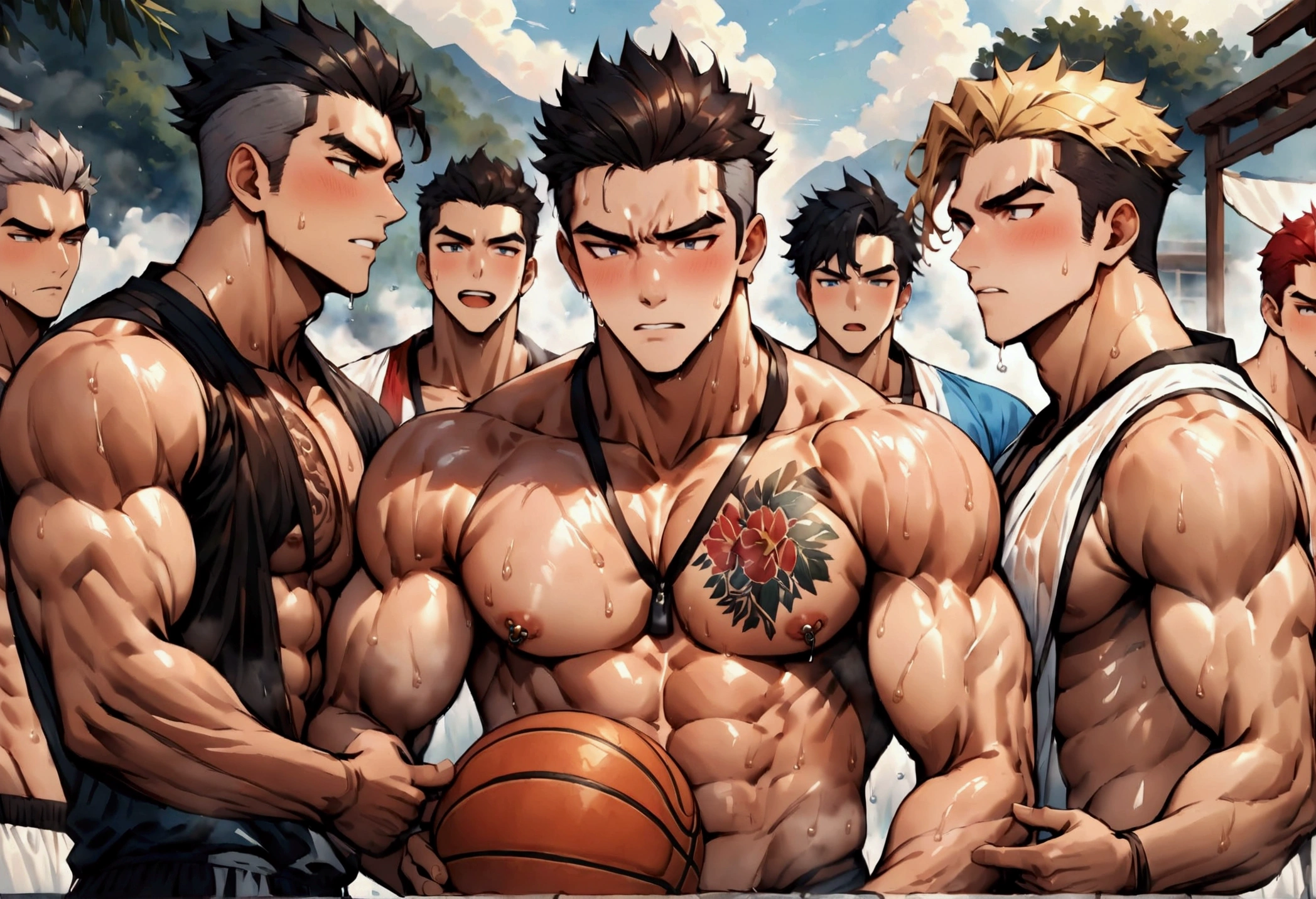 Highest quality、(muscular male:1.5)、(father:0.5)、young、4boys、Short Hair、Sports haircut、short hair、Blonde、Gray Hair、Black Hair、Red hair、Having fun playing basketball、Midsummer、nipple piercing、tattoo on chest、(sweat:1.3)、steam