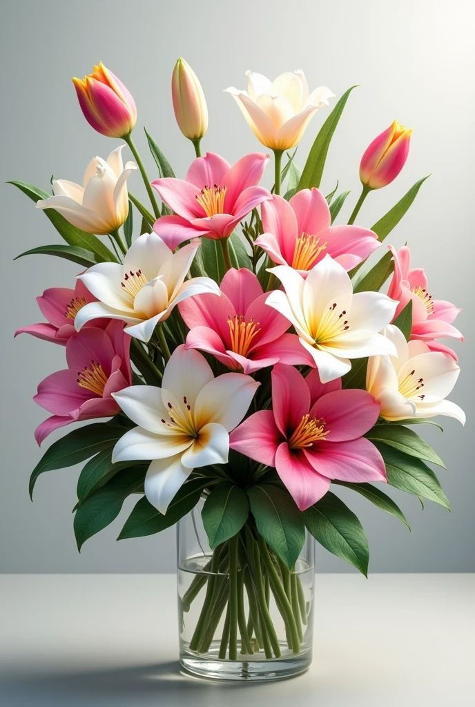 a bouquet including the following flowers: white gardenias, jasmins manga, pink lilies and tulips, without sunflower