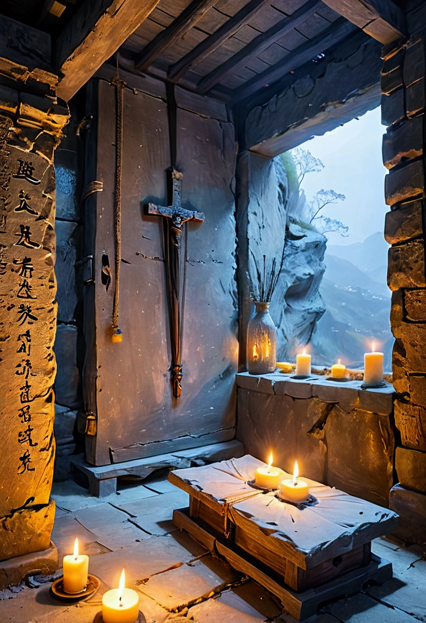 Landscape Photography、Torture chamber,A sealed stone room with no windows、Very dark、Candlelight、Needle Coffin