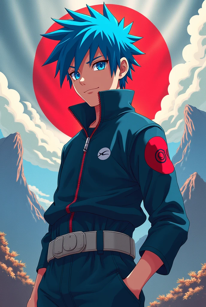 Avatar anime, naruto style, 15 year boy, King staying blues hair, śmiałe, in the background have to be Japan logo thunder