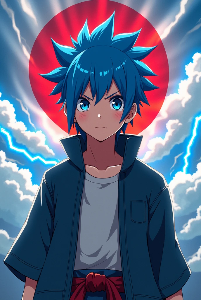 Avatar anime, naruto style, , King staying blues hair, śmiałe, in the background have to be Japan logo thunder