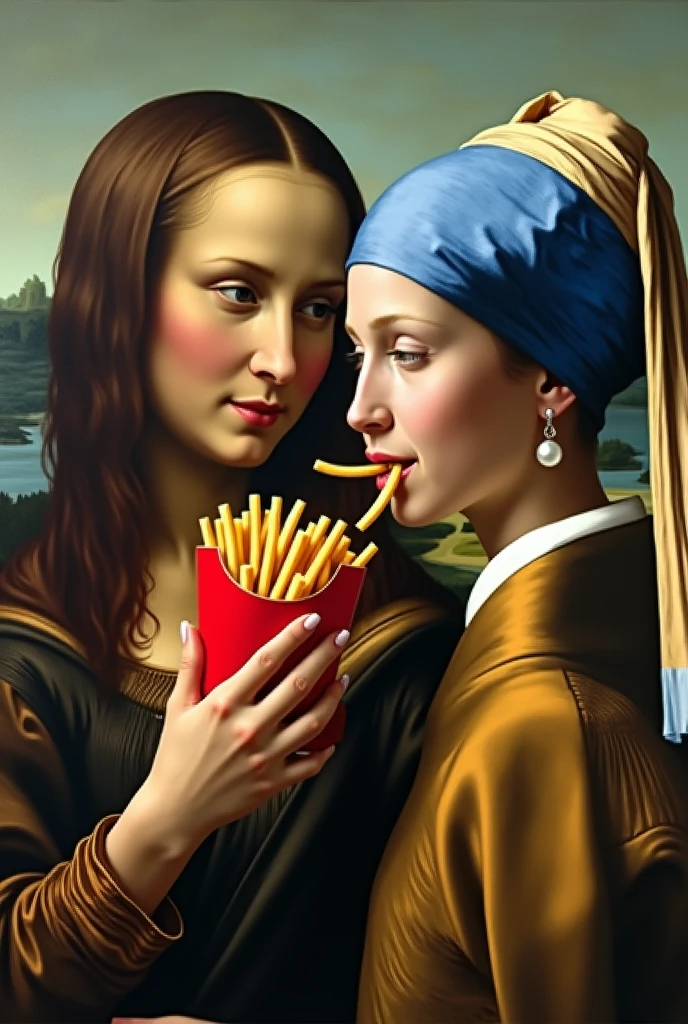 A realistic and ultra-realistic Mona Lisa and Girl with a Pearl Earring sitting face to face and happily eating McDonald's fries。