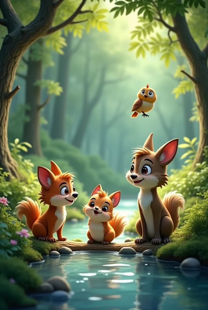 Scene 1: Introduction of the Friends
Prompt: "
Scene 2: Hearing About the Hidden Treasure
Prompt: "The three friends are near a clear, flowing river, overhearing other forest animals talking about a hidden treasure deep in the woods. Benny’s eyes are wide with excitement, Tara looks cautious but intrigued, and Ollie hoots softly from above, all of them eager to embark on a new adventure." In animal animation photo