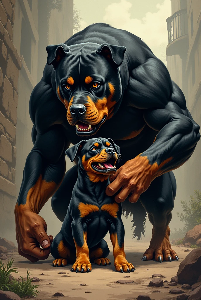 A massive and muscular rottweiler with a big dick and a fair and threatening air that fucks another rottweiler a little more minute and painful. All the picture in comic style 