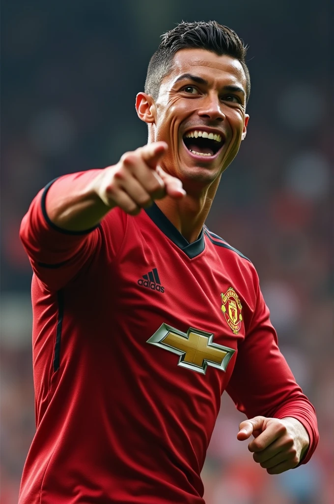 Cristiano Ronaldo smiling.His left arm is stretched out in front of him, pointing to his right with his index finger. The man's expression is one of excitement and enthusiasm, and he appears to be sharing something exciting with the viewer.