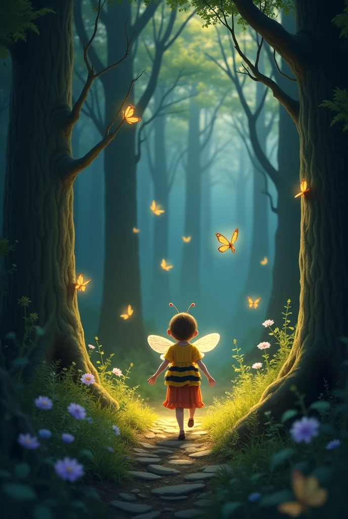 The beautiful  bee flew to a dark forest full of tall trees. There, she found colorful butterflies dancing in the sun. The butterflies told about a special hive, the Hive of Wisdom, that could help Bela find her mom!
 