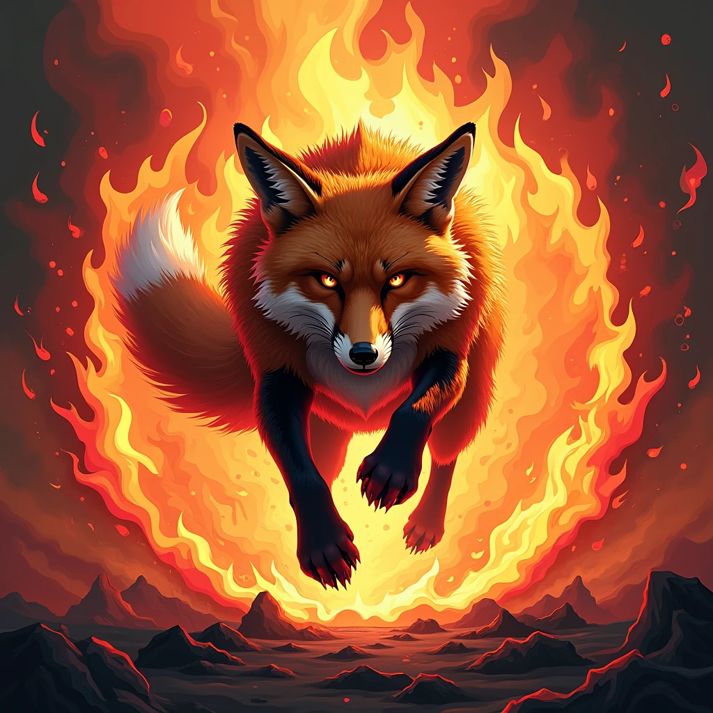 VECTOR, A FRONT DETAILED TEXTURE FLAME IN FRONT, A highly detailed beast fox leaping in a front big red ink flame, more red flames in the back of it