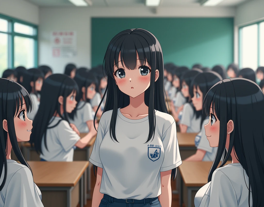 (Japanese Clone-girls=Myself), (Super Best masterpiece Clone-girls Raw Photography Art), (16K, Highest quality, Ultra-high resolution, RAW Photos), (It's so unrealistic., With unparalleled depiction, With an unfathomable sight, An unprecedented and shocking worldview, Clone-girls: In a world of mass reproduction, Ultra-realistic depiction), (Japanese Girls, Hamabe-Minami, 16yo), (Small face, Thick black hair, long hair, Dark Eyes, Mature face, Cute Smile, Smiling face, A gentle gaze), (Very pleasant look), (Very beautiful and detailed girl, Accurate body structure, Accurate body movements, Very detailed body), (Super big breasts, Large bulge of ample breasts), (High school girl's summer clothes, Short sleeve, Emphasise the fullness of your breasts), (Very detailed, Myself cloning, Depiction of splitting oneself, 1Myself girl→1,000,000,000,000,000,000,000,000,000,000Myself cloning girls), (Myself clone girlsは, With the same perfect appearance, to multiply in large numbers), (Very detailed depiction, Myself's multiplying female body, In the same female body,With the same face, With the same hairstyle, In the same clothes, At the same height, 同じSuper big breastsで, A completely indistinguishable female body, 1,000,000,000,000,000,000,000,000,000,000 people), (Myself girls only), (1,000,000,000,000,000,000,000,000,000,000Myself girls), Japanese Classroom, Scenes from class, Bright lighting, Peaceful atmosphere, Talk to Myself, Wide-angle field of view, wide view, You can shoot your subject from anywhere, Erase the center subject in the front