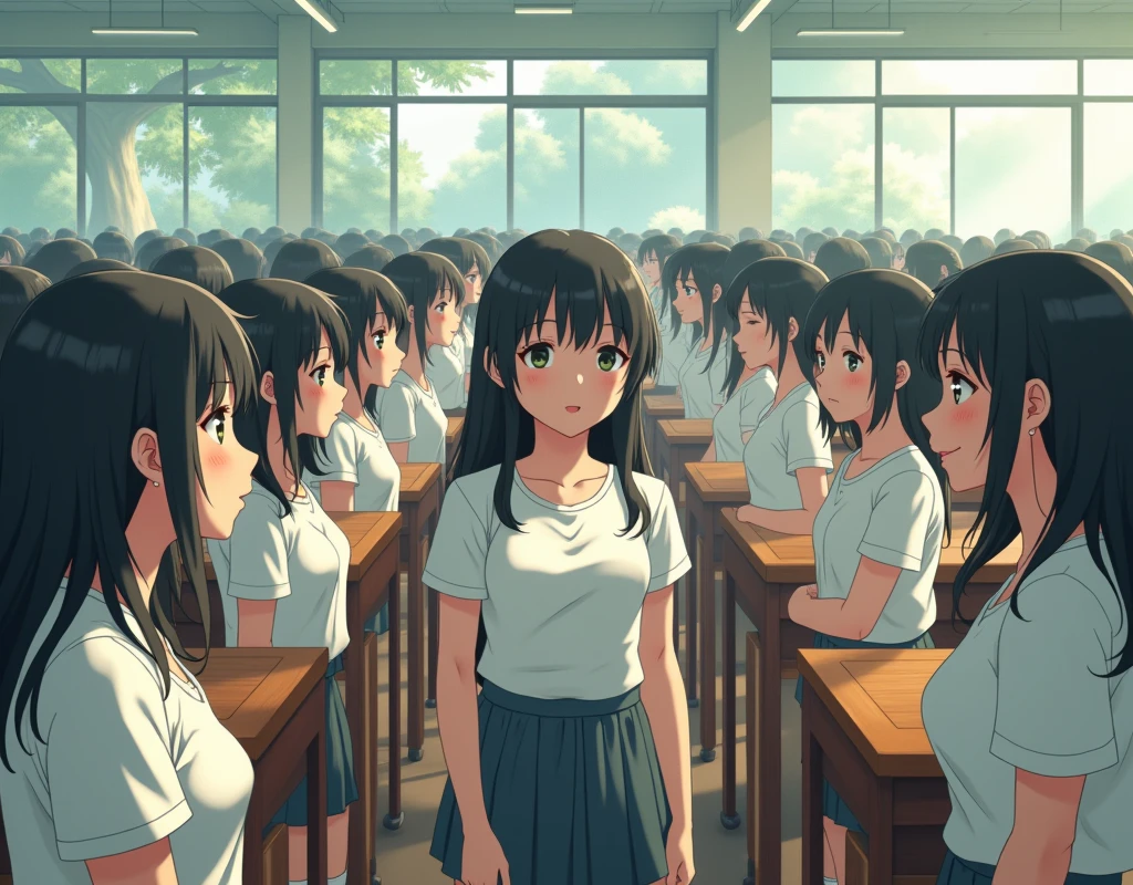 (Japanese Clone-girls=Myself), (Super Best masterpiece Clone-girls Raw Photography Art), (16K, Highest quality, Ultra-high resolution, RAW Photos), (It&#39;s so unrealistic., With unparalleled depiction, With an unfathomable sight, An unprecedented and shocking worldview, Clone-girls: In a world of mass reproduction, Ultra-realistic depiction), (Japanese Girls, Hamabe-Minami, 16yo), (Small face, Thick black hair, long hair, Dark Eyes, Mature face, Cute Smile, Smiling face, A gentle gaze), (Very pleasant look), (Very beautiful and detailed girl, Accurate body structure, Accurate body movements, Very detailed body), (Super big breasts, Large bulge of ample breasts), (High school girl&#39;s summer clothes, Short sleeve, Emphasise the fullness of your breasts), (Very detailed, Myself cloning, Depiction of splitting oneself, 1Myself girl→1,000,000,000,000,000,000,000,000,000,000Myself cloning girls), (Myself clone girlsは, With the same perfect appearance, to multiply in large numbers), (Very detailed depiction, Myself&#39;s multiplying female body, In the same female body,With the same face, With the same hairstyle, In the same clothes, At the same height, 同じSuper big breastsで, A completely indistinguishable female body, 1,000,000,000,000,000,000,000,000,000,000 people), (Myself girls only), (1,000,000,000,000,000,000,000,000,000,000Myself girls), Japanese Classroom, Scenes from class, Bright lighting, Peaceful atmosphere, Talk to Myself, Wide-angle field of view, wide view, You can shoot your subject from anywhere, Erase the center subject in the front