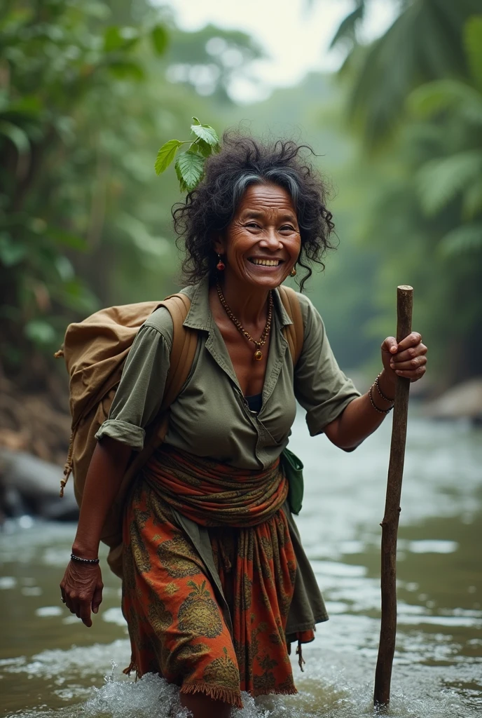 Photorealism 1.4 realistic realism high detailed definition  Malaysia native aboriginal orang asli old women curly messy hair  crossing river river stream dark skin weaver backpack smile faces jungle big river wearing loose shirt accessories on hair leaf wearing batik sarong hold stick   river stream
