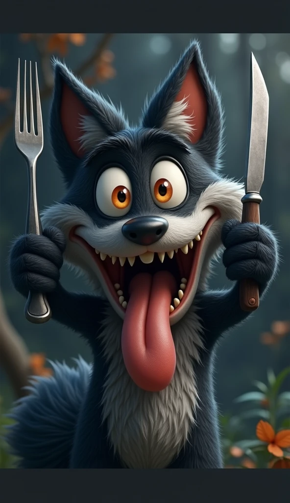 A hand drawn whimsical, cartoonish furry black fox with large, expressive orange eyes, and exaggerated facial features with canine teeth, long jaw, stands with a mischievous, wide-eyed grin, holding a fork in one hand and a knife in other hand and matching the exact expression as the (reference image:1.4). The fox's fur is dark black with tufts of fur adding texture and character. Its mouth is open wide with a comically large tongue sticking out, adding to its playful and mischievous appearance. The overall style is highly detailed with a touch of (hand-painted quality:1.4), focusing on exaggerated expressions:1.3, vibrant colors, and a humorous, light-hearted mood. The background is a softly blurred, dark-toned forest with hints of light filtering through the trees, adding to the magical and whimsical atmosphere.