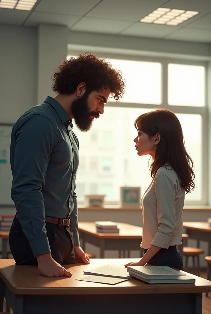 Create rivals in a classroom A tall BROWN man with curly hair A short brunette woman with straight hair