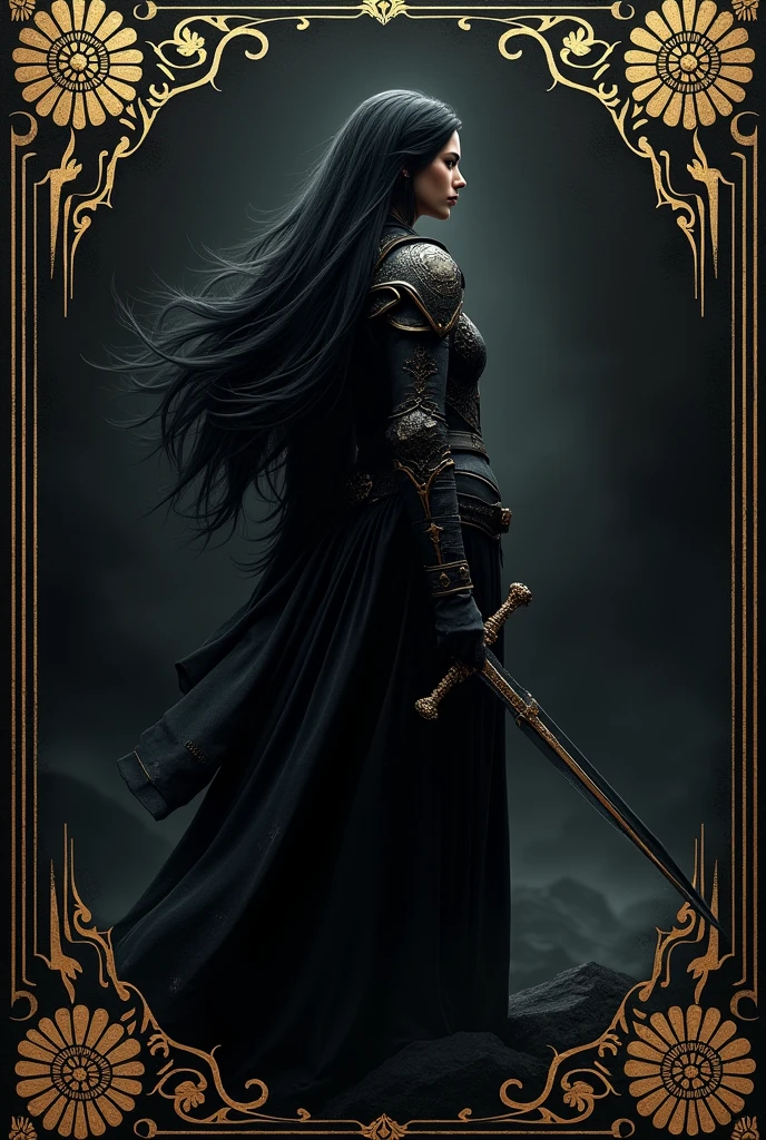 create black book cover with gold details, with a white woman with long black hair from behind in black war clothes and holding a gun